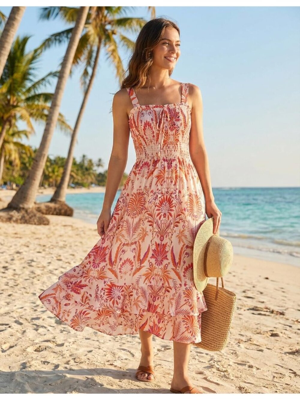 ใฝ๏ธWomen's Beige Floral Square Neck Strapped A LINE Floral Boho Long Maxi Dress